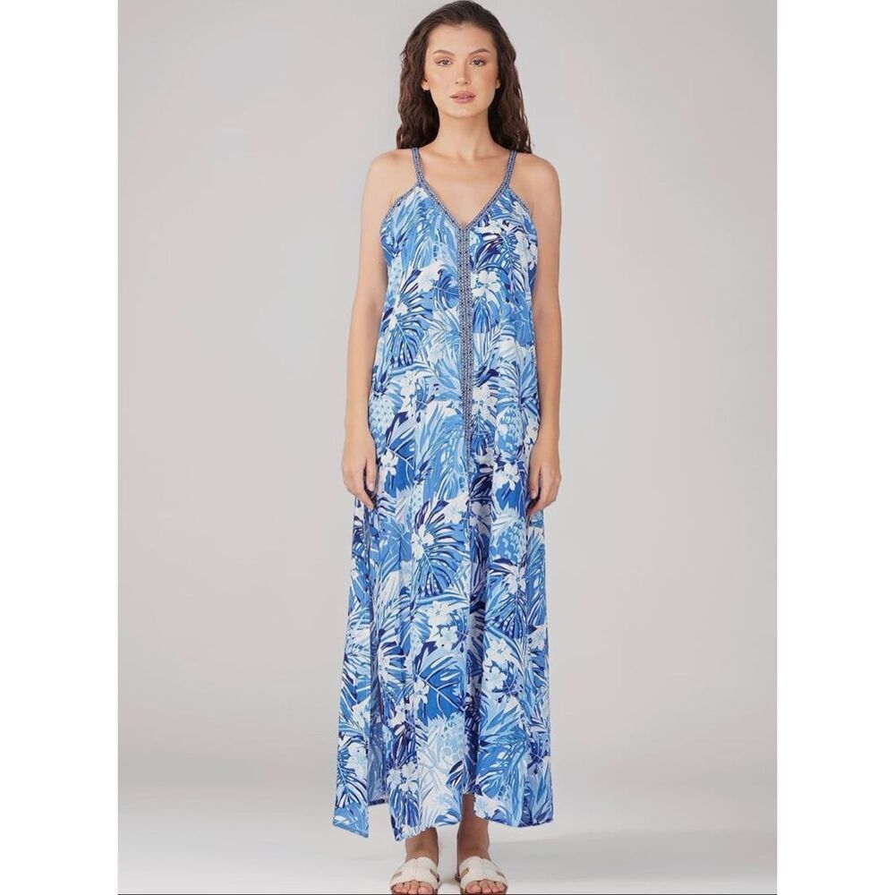 America & Beyond Sleeveless Tropical Print Maxi Cover Up Dress in Blue Leaf Size
